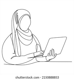 continuous line drawing of professional young muslim business woman using mobile digital tablet computer work and writing work plan on personal notebook isolated on white background
