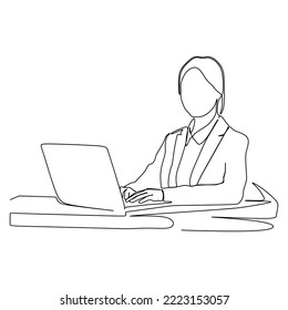 continuous line drawing of professional young business woman using computer