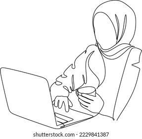 continuous line drawing of professional young muslim business woman using mobile digital tablet computer work and writing work plan on personal notebook isolated on white background
