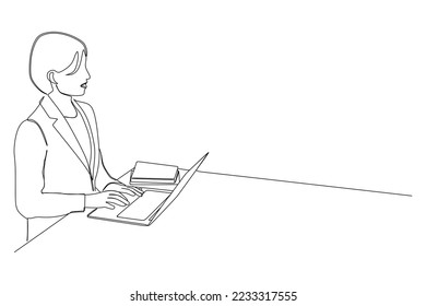 continuous line drawing of professional young businesspeople working with laptop