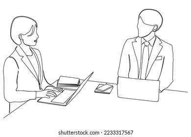 continuous line drawing of professional young businesspeople working with laptop
