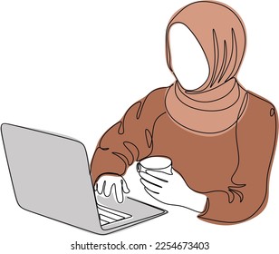 continuous line drawing of professional young muslim business woman using mobile digital tablet computer work and writing work plan on personal notebook isolated on white background
