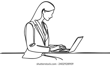 Continuous line drawing of professional young business woman using mobile digital tablet computer work and writing work plan on personal notebook isolated on white background.