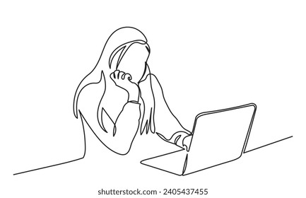 continuous line drawing of a professional young girl using a laptop computer.Communication and work on the Internet. isolated on a white background.
