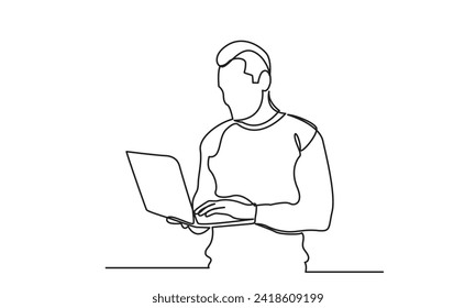 continuous line drawing of a professional young man using a laptop computer.Communication and work on the Internet. isolated on a white background.
