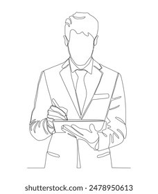 Continuous line drawing of professional young business man, writing work plan in personal notebook isolated on white background.