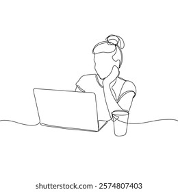 Continuous line drawing of professional young business woman using mobile laptop computer work isolated on white background. Vector illustration.