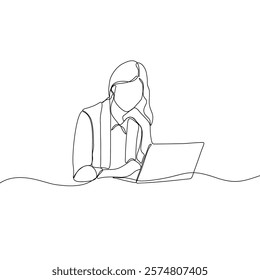 Continuous line drawing of professional young business woman using mobile laptop computer work isolated on white background. Vector illustration.