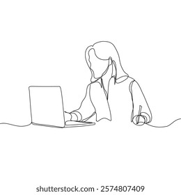 Continuous line drawing of professional young business woman using mobile laptop computer work isolated on white background. Vector illustration.