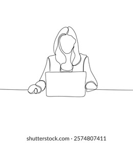 Continuous line drawing of professional young business woman using mobile laptop computer work isolated on white background. Vector illustration.