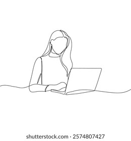 Continuous line drawing of professional young business woman using mobile laptop computer work isolated on white background. Vector illustration.