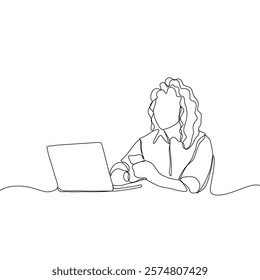 Continuous line drawing of professional young business woman using mobile laptop computer work isolated on white background. Vector illustration.