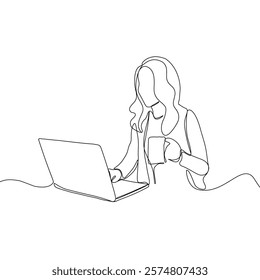 Continuous line drawing of professional young business woman using mobile laptop computer work isolated on white background. Vector illustration.