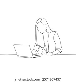 Continuous line drawing of professional young business woman using mobile laptop computer work isolated on white background. Vector illustration.