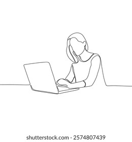 Continuous line drawing of professional young business woman using mobile laptop computer work isolated on white background. Vector illustration.