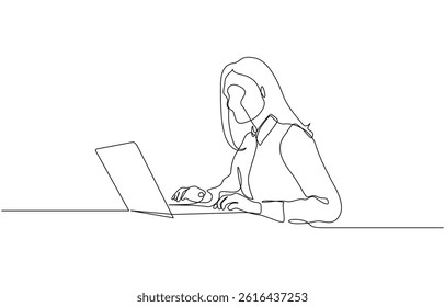 Continuous line drawing of professional young business woman using mobile laptop computer, Single continuous line drawing of Stressed employee while working in front of laptop.