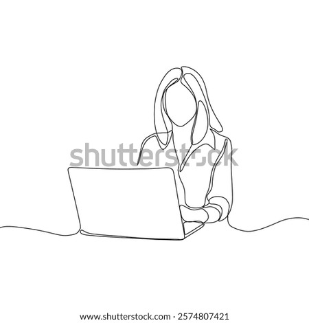 Continuous line drawing of professional young business woman using mobile laptop computer work isolated on white background. Vector illustration.