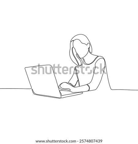 Continuous line drawing of professional young business woman using mobile laptop computer work isolated on white background. Vector illustration.