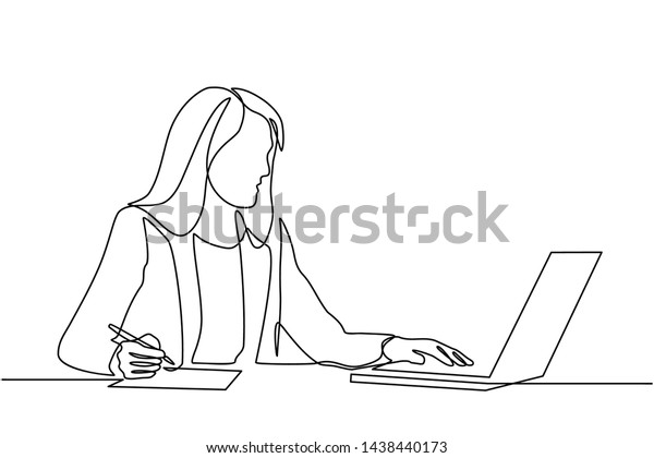 continuous line\
drawing of professional young business woman using mobile digital\
tablet computer work and writing work plan on personal notebook\
isolated on white\
background