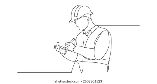 Continuous line drawing of project workers and construction activities. Hand drawn single line vector illustration
