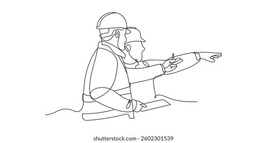 Continuous line drawing of project workers and construction activities. Hand drawn single line vector illustration