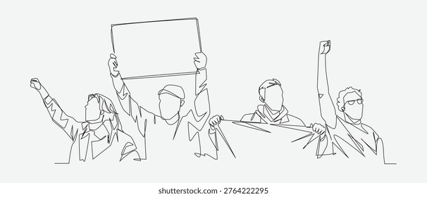 Continuous line drawing of protest crowd holding banner, holding flag, raised fists. Editable line. Vector illustration.