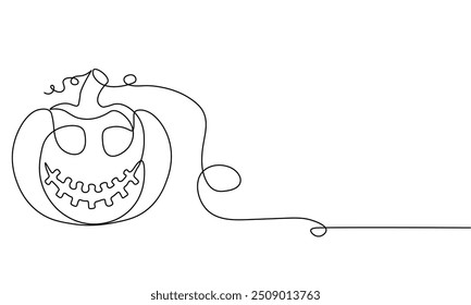 Continuous line drawing of pumpkin in concept of Happy halloween. Abstract doodle linear pumpkin border frame isolated on transparent background. Editable stroke vector illustration
