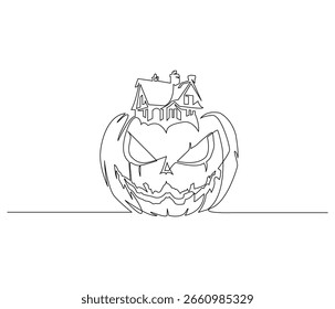 Continuous line drawing of Pumpkin Halloween with House on Top. Single line illustration of Halloween. Halloween Day concept. Editable outline