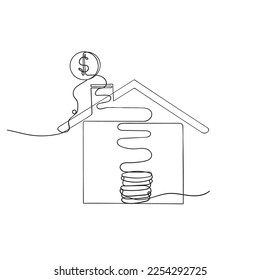 continuous line drawing put money on house piggy bank illustration