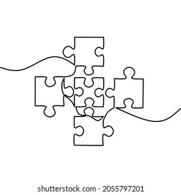 Continuous line drawing of puzzle, pieces problem solving business, object one line, single line art, vector illustration
