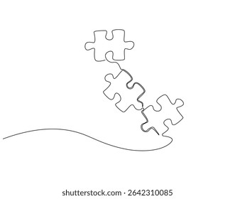 Continuous line drawing of puzzle. Single line illustration of jigsaw puzzle. Strategy, solution, business concept. Editable outline
