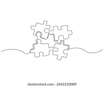 Continuous line drawing of puzzle. Single line illustration of jigsaw puzzle. Strategy, solution, business concept. Editable outline
