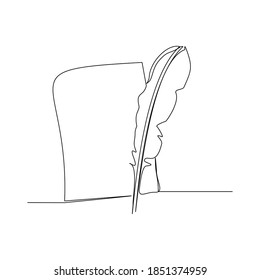 Continuous line drawing of quill pen ink and paper. One line art concept of vintage brush pen. Vector illustration
