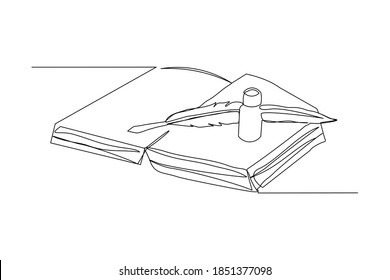 Continuous line drawing of quill pen ink and stack of book. One line art concept of vintage brush pen signature and lettering. Vector illustration