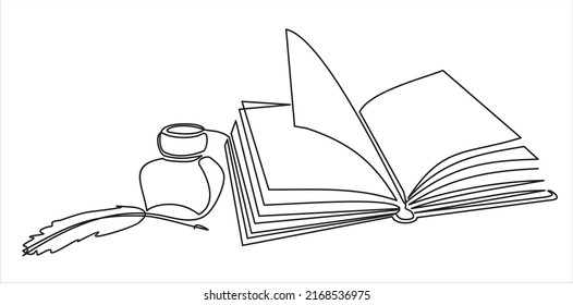 Continuous line drawing of quill pen ink and book. One line art concept of vintage brush pen signature and lettering. Vector illustration