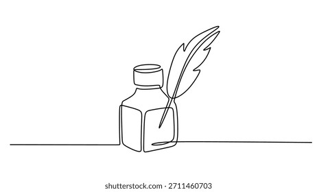 Dibujo de línea continua de una pluma y una botella de tinta, un símbolo para un autor, poesía o historia. Concepto literario de Ilustración vectorial.