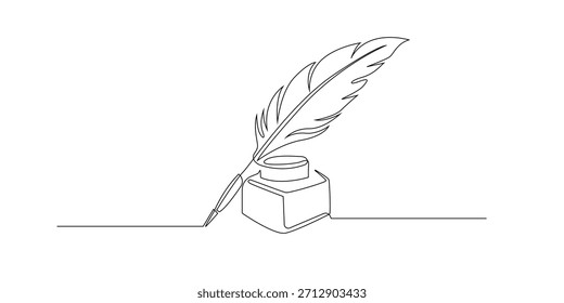 Dibujo continuo de una pluma colocada junto a una botella de tinta. Simbolizando la creatividad de la escritura clásica y la expresión artística. Ilustración de una sola línea adecuada para la educación literaria y de