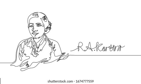 Continuous line drawing Raden Adjeng Kartini the heroes of women and human right in Indonesia. Line art women with simple and modern concept. - Vector