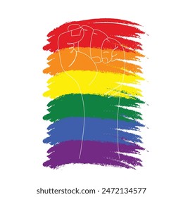 Dibujo de línea continua de puño fuerte de color arco iris levantado. Brazo humano en colores de la bandera LGBT con los dedos apretados, una línea dibujando Ilustración vectorial. Concepto de orgullo gay, lgbt, amor