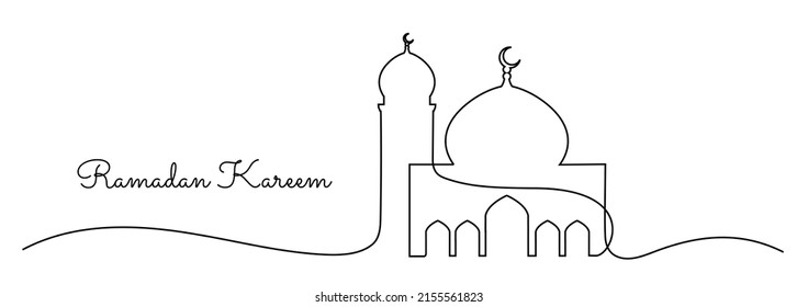 Continuous line drawing  ramadan kareem banner mosque isolated on the white background,illustration EPS10.
