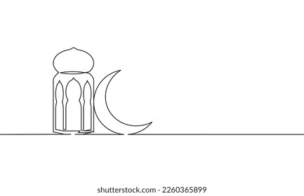 Dibujo continuo de la tarjeta de felicitación ramadan kareem. Linterna y luna, decoración islámica. Objeto de una línea, arte de una sola línea, ilustración vectorial