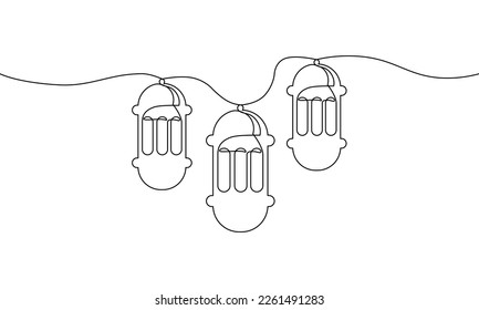 Continuous line drawing of ramadan kareem greeting card. Lantern islamic decoration. Happy eid mubarak, islamic ornament symbol. Object one line, single line art, vector illustration