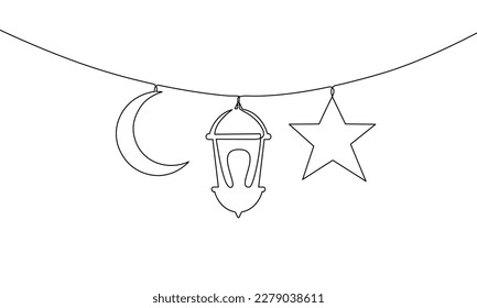 Continuous line drawing of ramadan kareem greeting card. Lantern, moon and star islamic decoration, religion symbol. Object one line, single line art, vector illustration