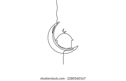 Continuous line drawing of ramadan kareem greeting card. Moon and mosque, islamic decoration, object one line, single line art, vector illustration