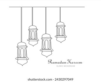 Continuous line drawing of ramadan kareem greeting card. lantern, moon and star islamic decoration, object one line, single line art, vector illustration	