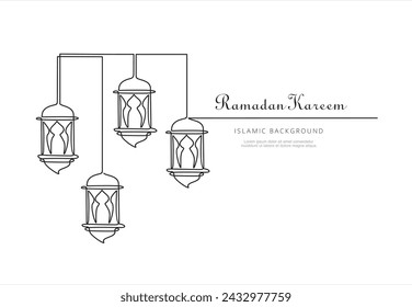 Continuous line drawing of ramadan kareem greeting card. lantern, moon and star islamic decoration, object one line, single line art, vector illustration	