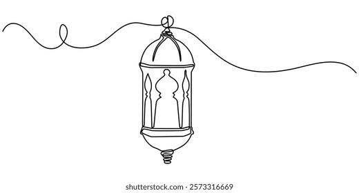 Continuous line drawing of ramadan kareem greeting card. Lantern, islamic decoration, object one line, single line art, vector illustration, Lantern Single Continuous Line Drawing, continuous single.