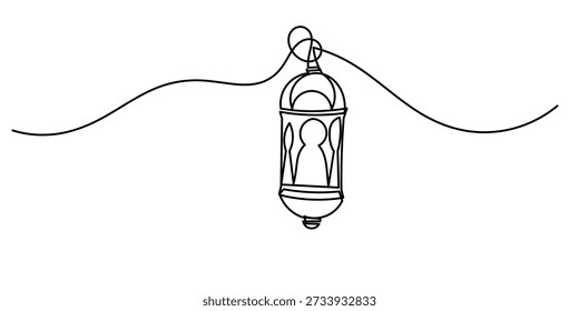 Dibujo de línea continua de la tarjeta de felicitación de ramadán kareem. Linterna, decoración islámica, objeto de una línea, arte de una sola línea, linterna de una sola línea continua, 