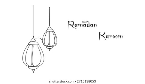 Dibujo de línea continua de la linterna de Ramadán y la luna creciente
