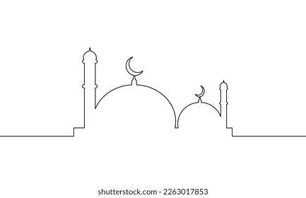 Kontinuierliche Linienzeichnung der ramadanischen Moschee. Ramadan Kareem Grußkarte. Eid mubarak Poster und Banner. Objekt eine Linie, einzelne Linie Kunst, Vektorgrafik